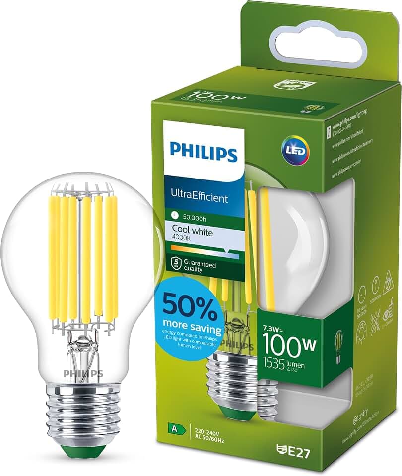 Philips Ultra Efficient – Ultra-energiesparende Lampe, LED-Lichtquelle, E27, 100W, klar, kaltweiß