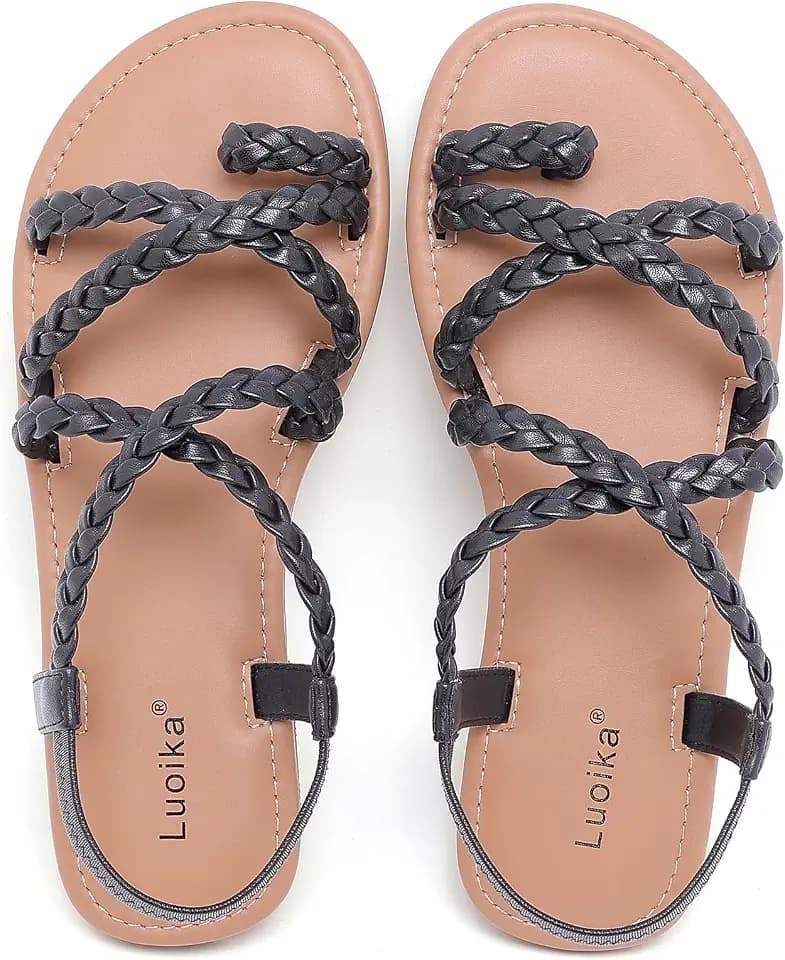Luoika Women's Wide Width Braided Strappy Flat Sandals