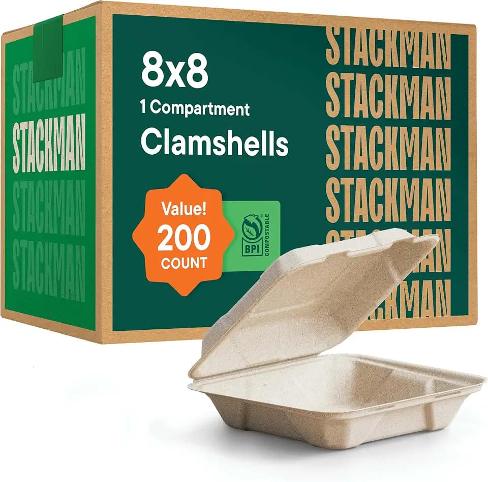 100% Compostable Clamshell Take Out Containers - 8x8 [200-Pack] Heavy Duty