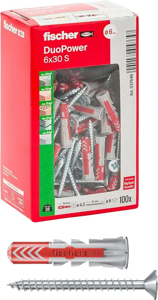 Fischer 100 x Dübel mit Schraube DuoPower 6 x 30 mm, für Mauern, Lochstein, Gipskarton, 537646