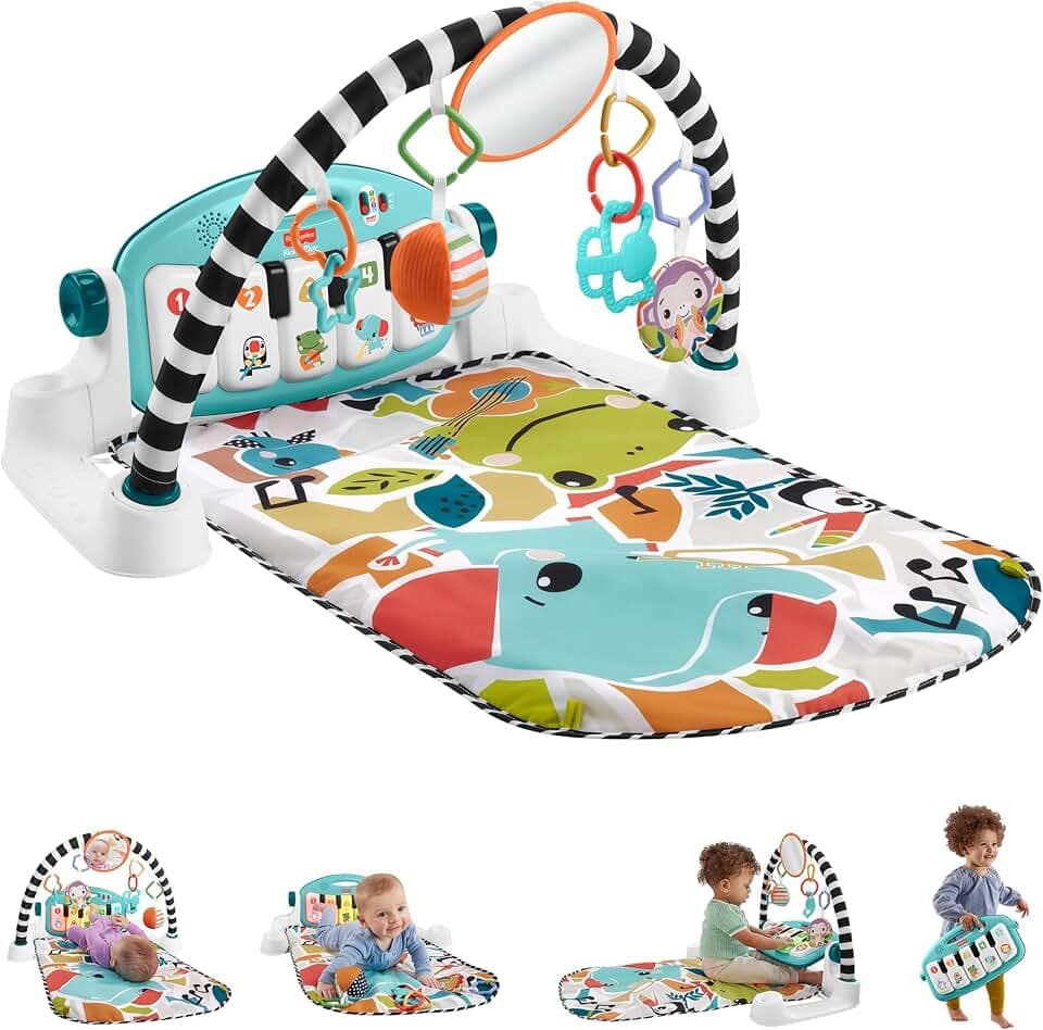 Fisher-Price Kontrast Kick & Play Pianospieldecke für Babys, Spielspaß Pianospieldecke, tragbares Musikspielzeug mit Smart-Stages-Lerninhalten, ab 0 Monaten, mehrfarbig, deutsche Version, HYH59