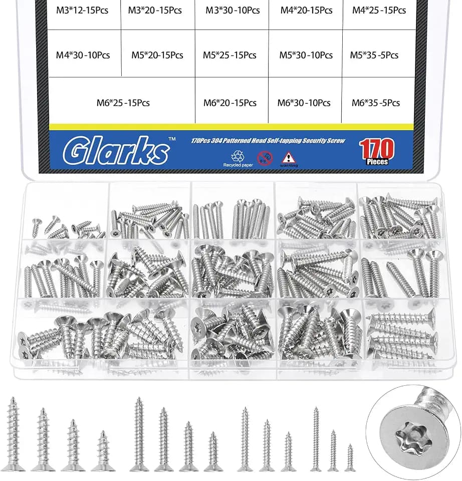 Glarks 170pcs M3/M4/M5/M6 Torx-Blechschrauben-Kit, Edelstahl-Sicherheitsdiebstahlschrauben, Torx-Antrieb-Manipulationssichere Schraube, Flachkopf-Deckschraube für die Maschinenindustrie, Möbel