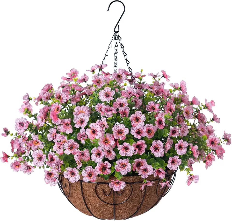 Ammyoo Artificial Mums Fake Flowers Basket for Outdoor Decor