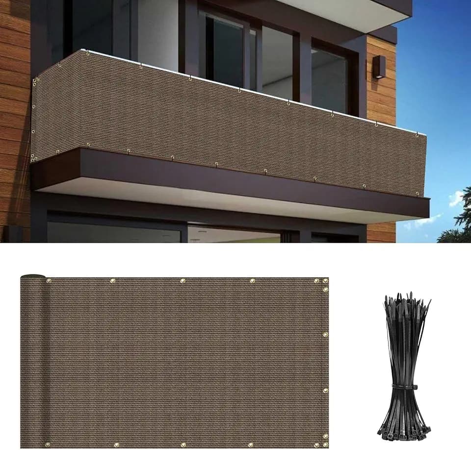 Balcony Privacy Fence Screen 3' x 12' Mesh Windscreen Fencing Shield Cover Included Cable Ties for Deck Apartment Porch Backyard Patio Outdoor, Brown