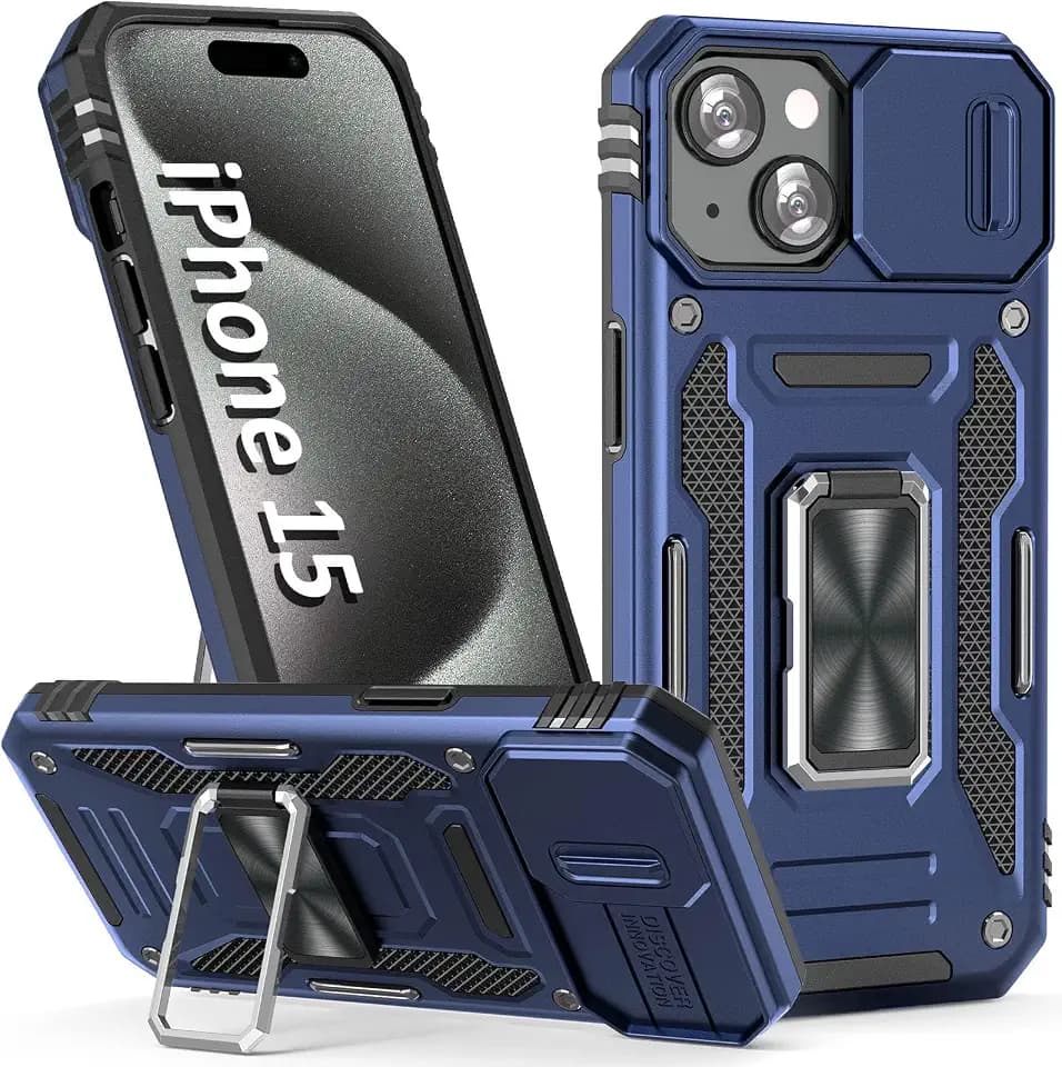 Heavy Duty Phone Case for iPhone 15Case with Camera Cover,Navy Blue