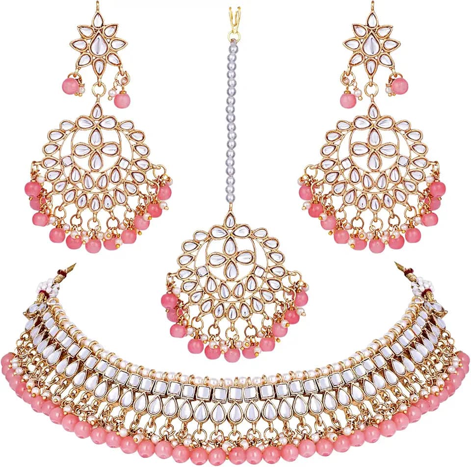Aheli Faux Kundan Beaded Necklace Earrings Maang Tikka Indian Bollywood Ethnic Jewelry Set Gift for Women