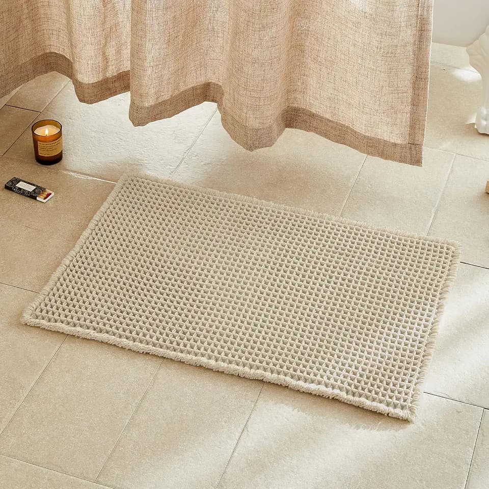 TYUU Waffle Bath Mat, Boho Bathroom Rugs Non Slip, 30x20 Pale Beige