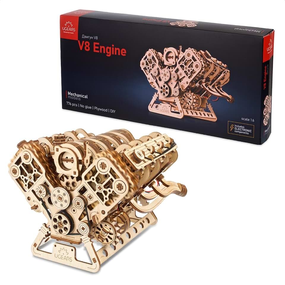UGEARS V8 Motor Modellbausatz - Fortgeschrittenes 3D Holzpuzzle für Erwachsene - DIY-Kits als Geschenk für Ingenieure - 3D Puzzle Motorbausatz für Vatertag, Geburtstage, Weihnachten - 776 Teile