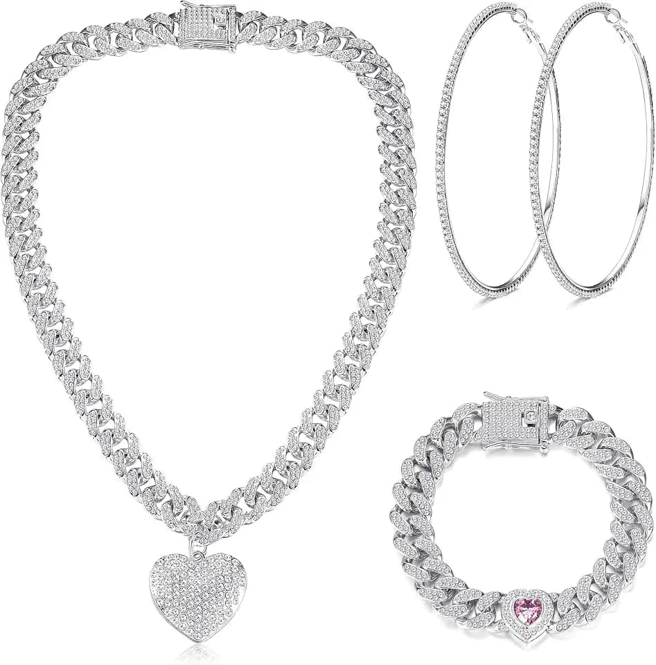 ORAZIO Cuban Link Chain Necklace Bracelet for Women Silver Jewelry Set Rhinestone Hoop Earrings Bling Crystal Hip Hop Jewelry for Wedding Costume Prom Party