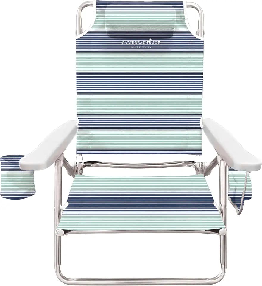 Caribbean Joe Folding Beach Chair, 5 Position Lightweight, Portable Reclining Outdoor Camping Chair with Headrest, Shoulder Strap, and Cup Holder, Horizon Stripe