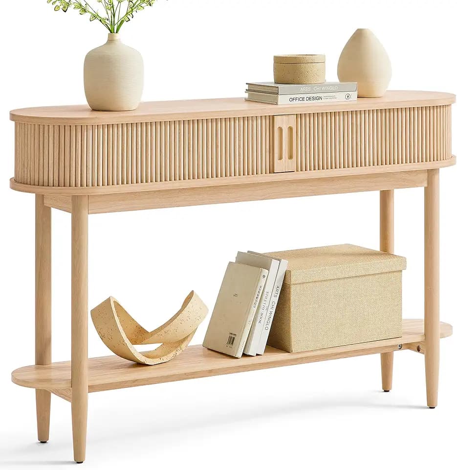 LINSY Fluted Console Table with Storage and Shelves, Light Wood