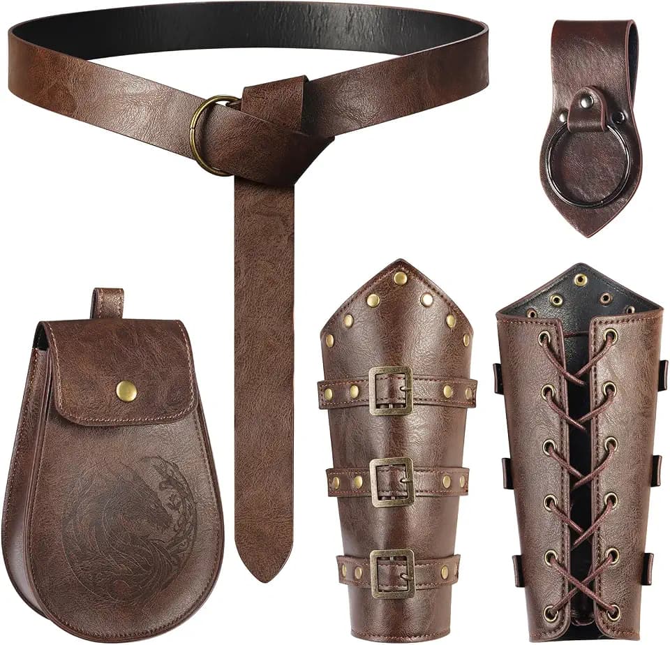 5 PCS Renaissance Accessories Ren Faire Viking Belt Medieval Waist Belt Pouch Leather Arm Bracers and Medieval Sword Holder for Renaissance Cosplay