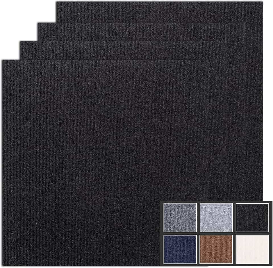 Peel and Stick Carpet Tiles, 12x12 Inch 30 Pack 30 Sq.Ft, 4.5mm Heavy Duty Carpet Squares, Anti-Slip Self Adhesive Floor Tiles for Basement, Office, Living Room, Bedroom, Pet Area, Black