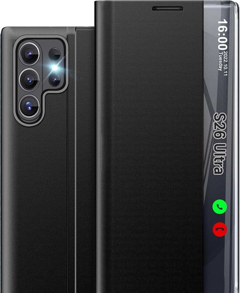 Handyhülle für Samsung Galaxy S26 Ultra 5G Hülle Klappbar, PC Stoßfest Dünn Spiegel Clear View Flip Case S26 Ultra Cover mit Ständer für Samsung S26 Ultra Schutzhülle (Schwarz)