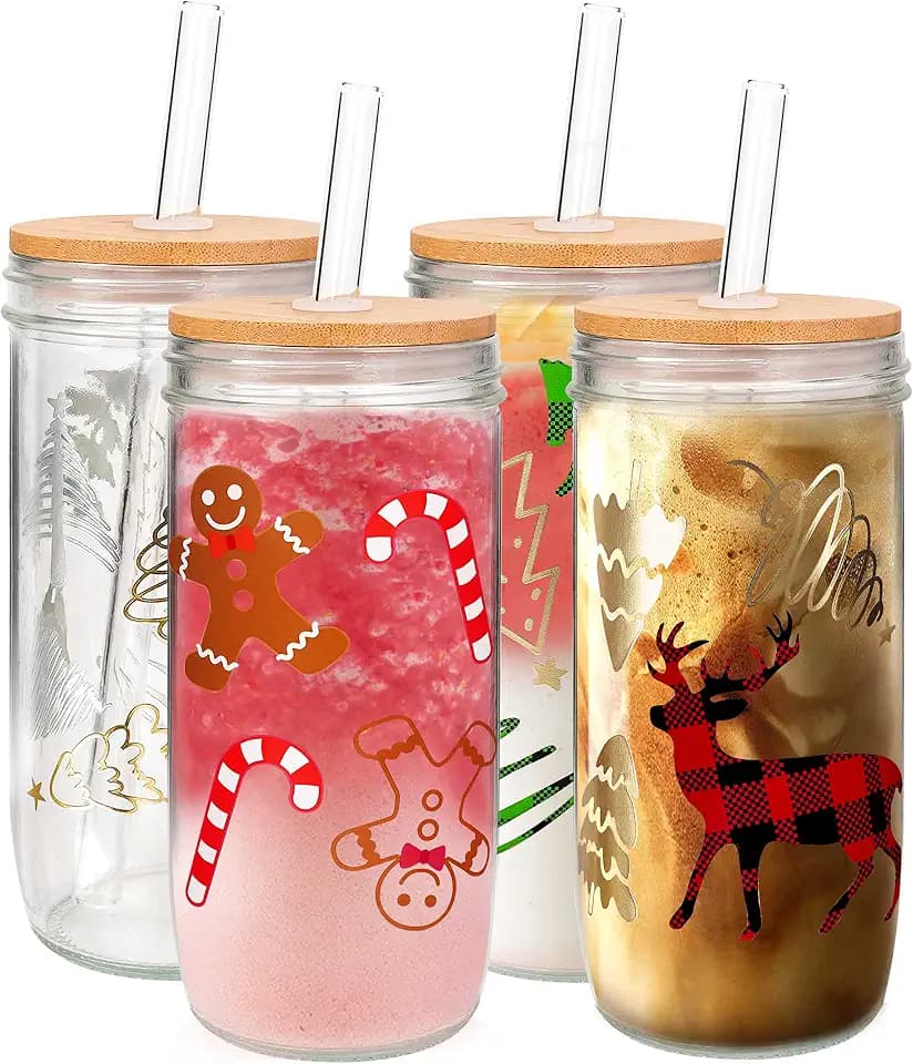 ANOTION Weihnachten Mason Jar Cups, 700ml Weihnachtsbecher mit Deckel und Stroh Weihnachtsbecher Trinkgläser Kaffeetassen
