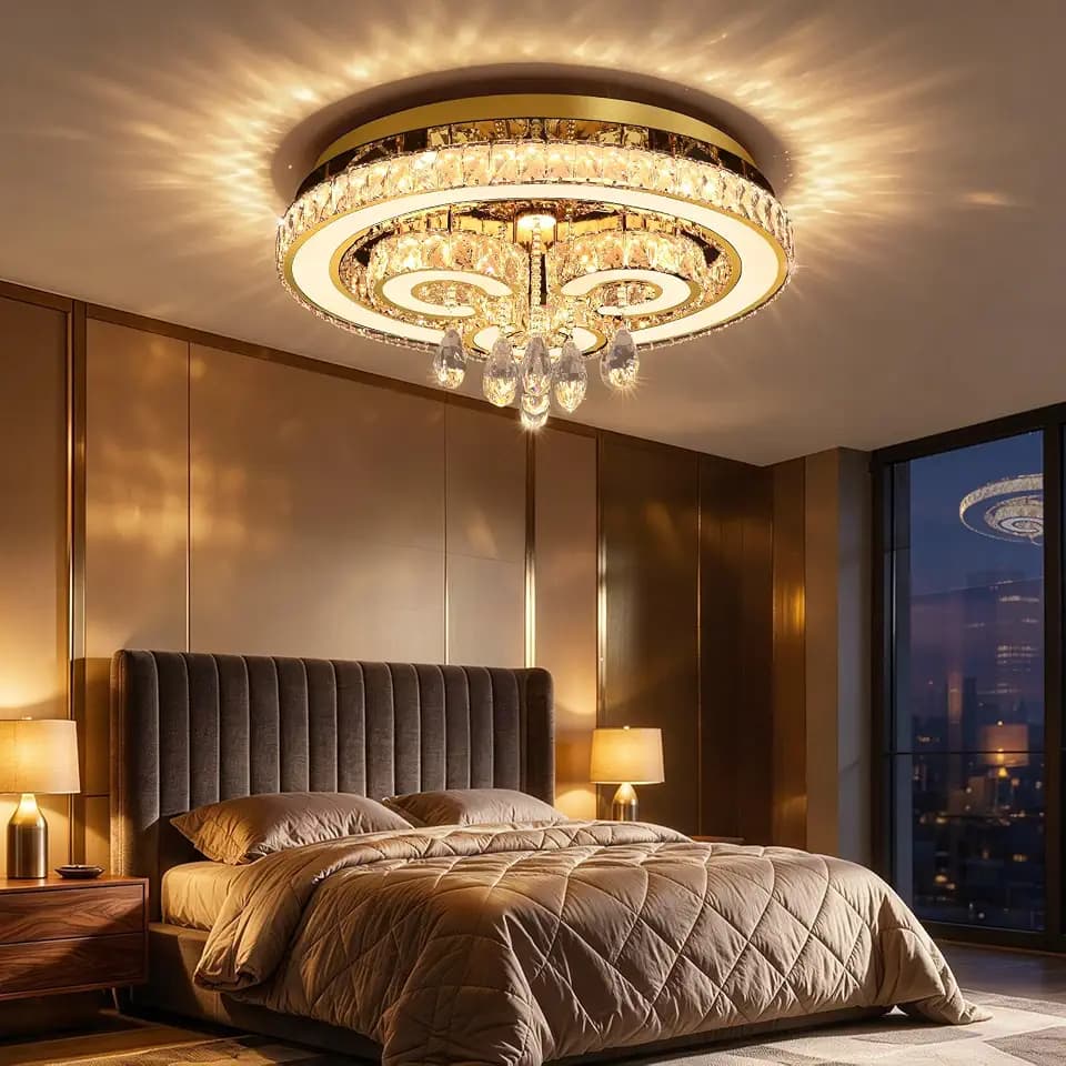 HAIXIANG Modern Chandeliers Bedroom LED Light Crystal Flush Mount Ceiling Lights for Dining Room Gold Chandelier Sparkling Interior Luxury Lighting Fixtures Living Room Dimmable Light 2700K 6000K