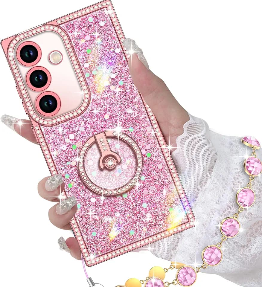 Miss Arts for Samsung Galaxy S24Plus/S25Plus Case with Ring Stand, Glitter Sparkle Phone Case for Women Girls, Rhinestone Luxury Protective Cover for S24Plus/S25Plus, Pink