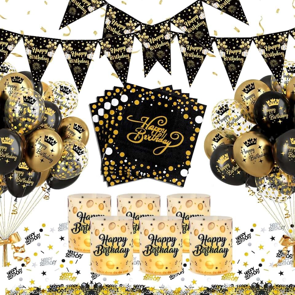 Deko Geburtstag Schwarz Gold, Geburtstag Deko Mann Frau Junge Mädchen, Schwarz Gold Geburtstag Deko Luftballons, Happy Birthday Partydekorationen Set mit Windlicht Konfetti Servietten Banner