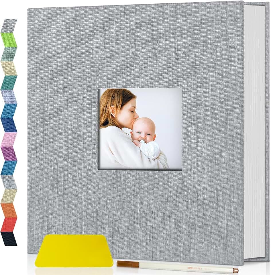 Popotop Photo Album Self Adhesive with Picture Display Window,40 Pages DIY Scrapbooking Supplies Kit for 4x6 10x12 Picture,Linen Cover Memory Book for Baby Wedding, with Scraper and Metallic Pen