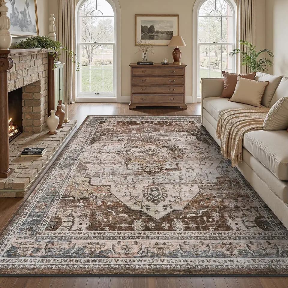 8x10 Area Rugs for Living Room Rug Brown Bedroom Rug Carpet Washable Neutral Vintage Dining Room Rugs for Under Table Soft Comfortable Non Slip