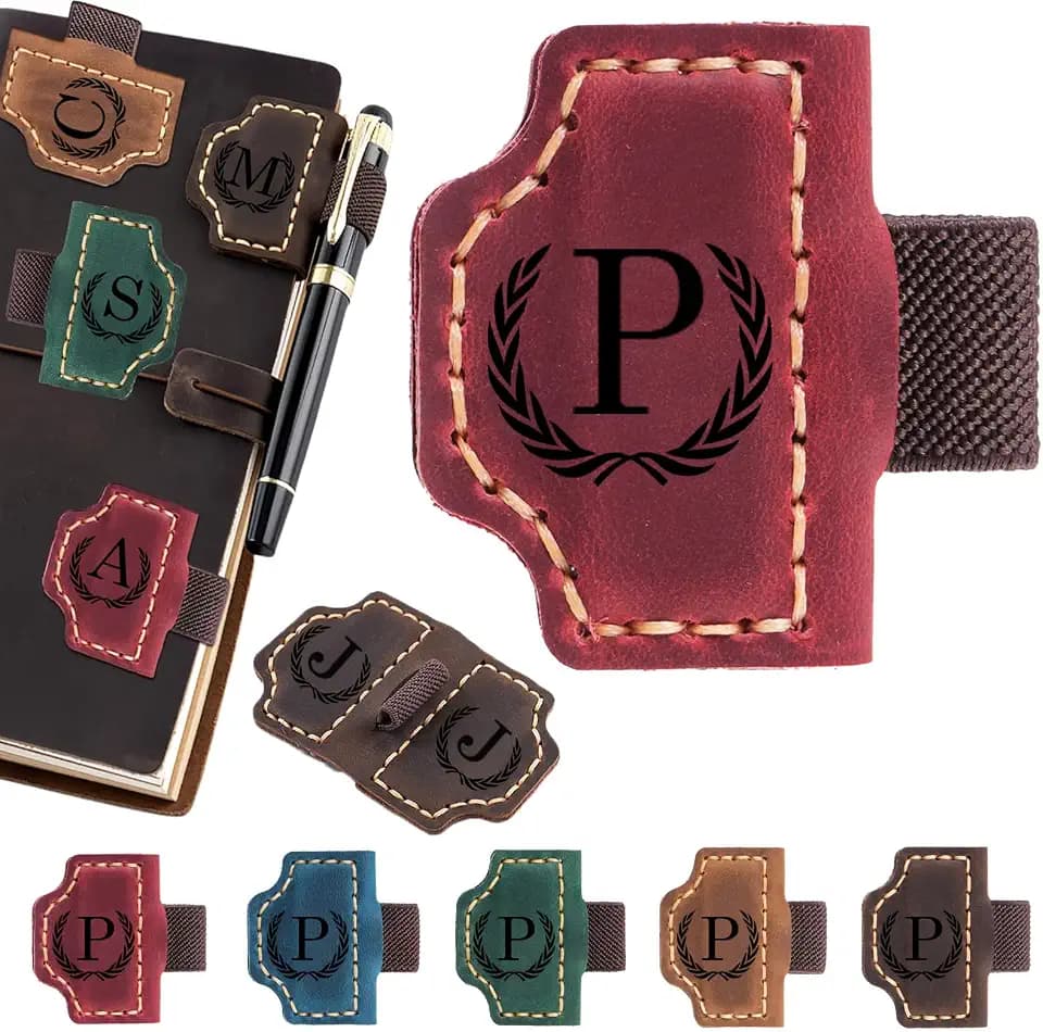 Artlaza Personalized Magnetic Leather Bookmark with Pen Holder - 26 Letters Custom Book Mark with Name Initial Engraved Book Marker for Readers, Book Lovers, Travelers - Gift for Women & Men(Red，P