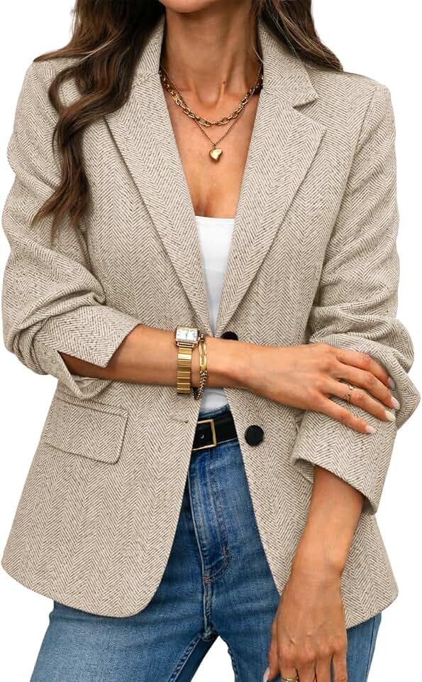 ELLEVEN Women's Herringbone Tweed Blazer – Slim Fit Business Casual Jacket
