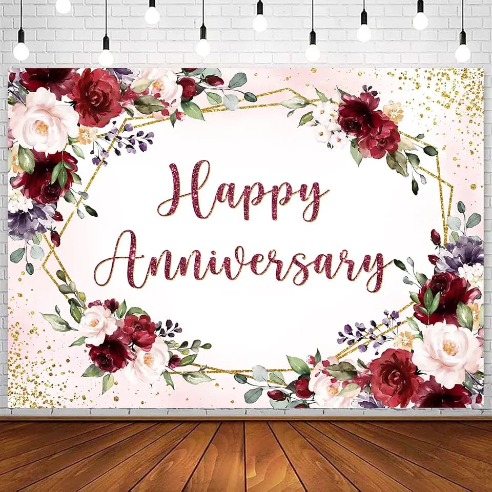 InMemory Floral Burgundy Happy Anniversary Backdrop Couple Party Banner