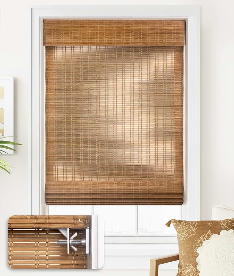 LazBlinds No Drill Bamboo Roman Shades, 33x64, Ceylon Light Russet