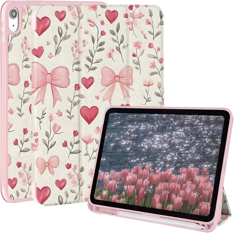 Case for iPad A16 11th Generation 11 Inch 2025, iPad Case 10th Generation 10.9 Inch 2022, Slim Lightweight Soft Trifold Back Cover with Pencil Holder & Auto Sleep/Wake Cover,Yellow Bow Heart
