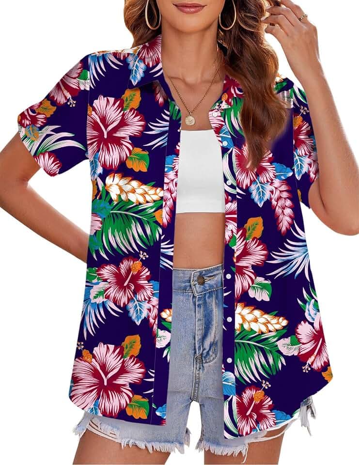 tiorhooe Hawaii-Hemden für Damen, tropischer Baum, kurzärmelig, Knopfleiste, Sommer, Strand, Urlaub, Bluse