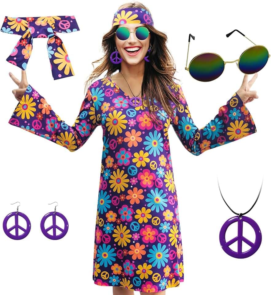 Damen-Hippie-Kleid, 1970er-Kostüm, mit Halskette, Ohrringen, Sonnenbrille, Disco-Outfit, 1960er-Party-Kostüm, Halloween Retro-Kleid