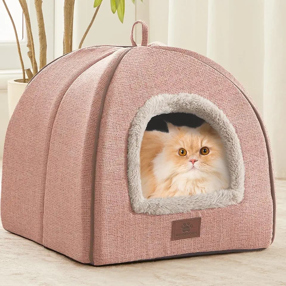 Cat Beds for Indoor Cats, 2-in-1 Cat Bed Cave with Anti-Slip Bottom, Cozy Cats House Tent Suitable for All Seasons, for Small & Medium-Sized Pets Pink(M:15X15X15Inch)