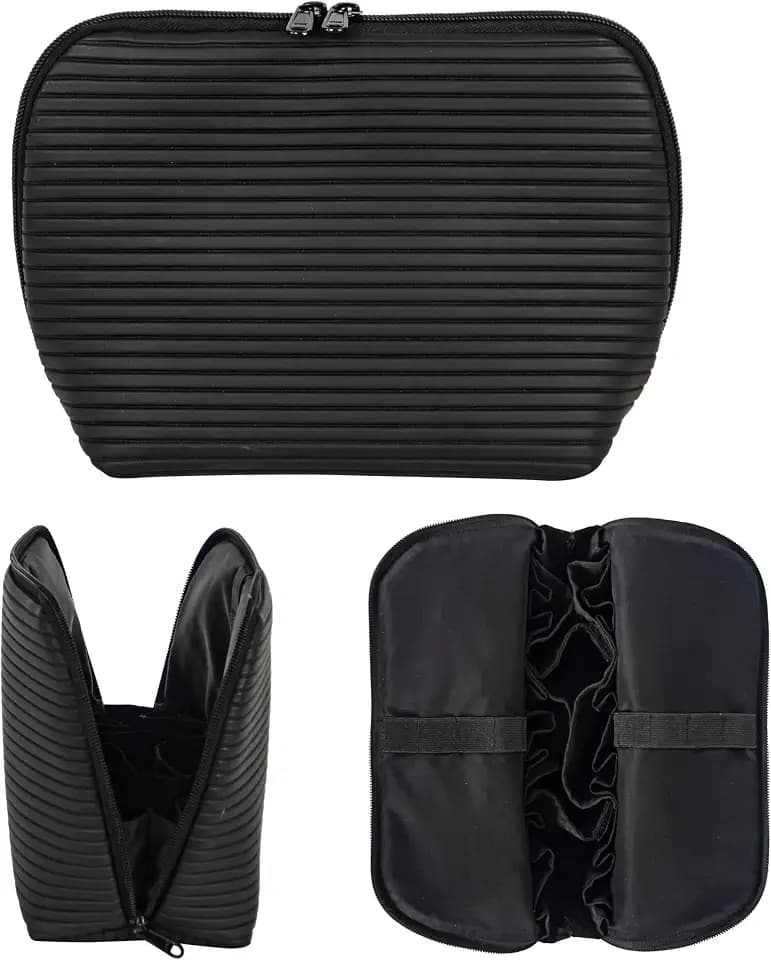 Travel Makeup Bag for Women, Waterproof Stand Up Cosmetic Bag with Brush Holders, Organizer Bag with Compartments, Fold-Down Design for Skincare, Toiletries & Essentials (Black, Medium)