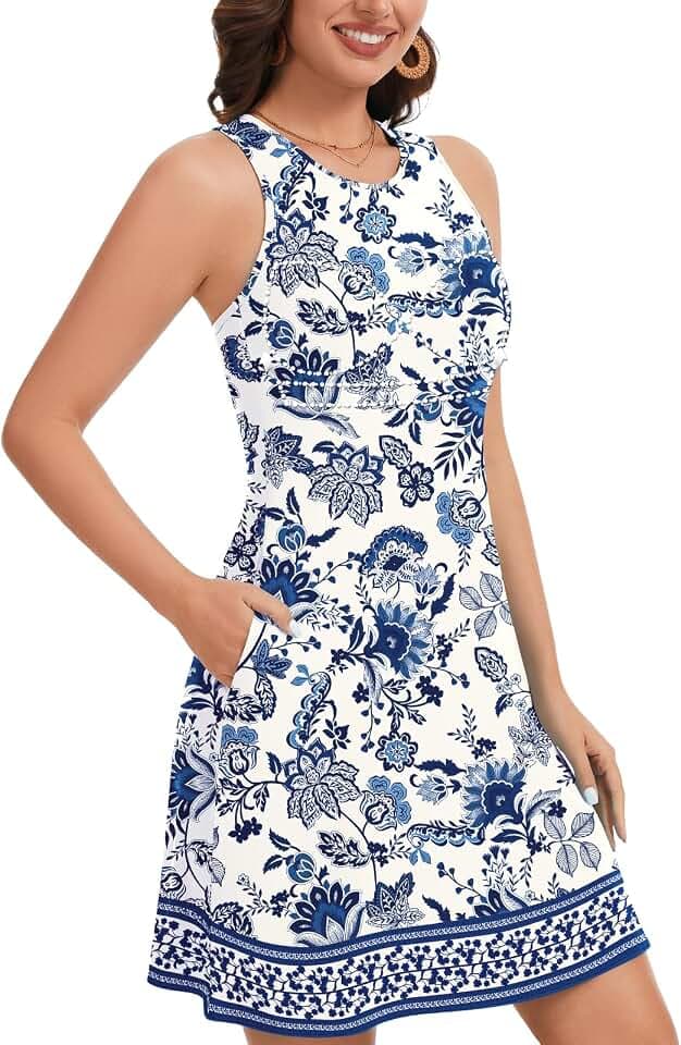 WOWENY Summer Dress with Built in Bra Racerback Casual Sundress Sleeveless Flowy Beach Vacation Dresses with Pockets