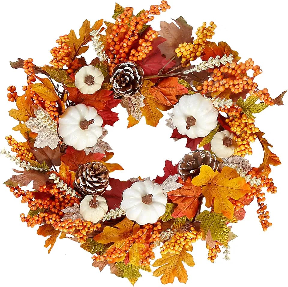 Sggvecsy Fall Wreath 20’’ Autumn Front Door Wreath Harvest Wreath with White Pumpkins Berries Maple Leaves Pine Cones Grain for Outside Indoor Home Wall Festival Thanksgiving Autumn Farmhouse Decor