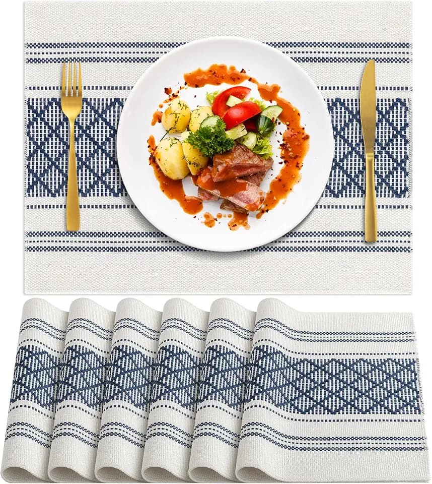 ADRIMER Placemats Set of 6, Boho Table Mats Cotton Blend, Durable Cloth Table Placemats Machine Washable, Rustic Place Mats for Dining Kitchen Table, 14 x 18 Inch, Blue