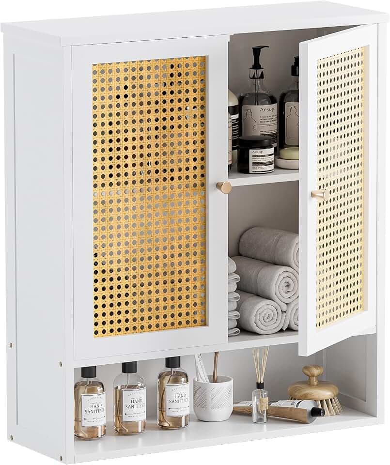 HITNET Rattan Wall Cabinet, Bathroom Hanging Storage Cupboard Over the Toilet, Space Saving Medicine Cabinet with Adjustable Shelf, White