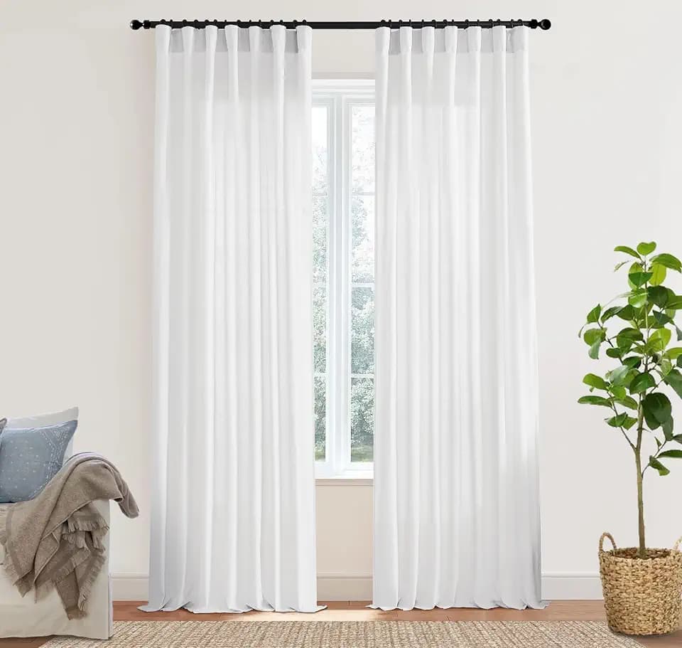 Sheer White Curtains 120 Inches Long for Living Room 2 Panels Set Hang with Clip Rings Back Tab Semi Transparentes Light Filtering Linen Cotton Blend XL Drapes Curtains Rod Pocket,50x120 in Length