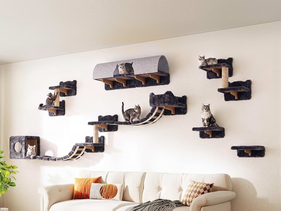 Cat Wall Furniture, 16 in 1 Cat Shelves w/Tunnel & Bridge, Grey