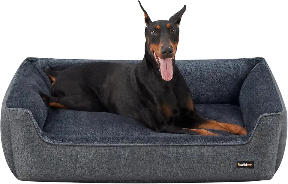 Feandrea Hundebett, in Leinenoptik, erhöhte Ränder, 120 x 90 x 30 cm | Hundebett, Hundekissen, 120 cm, rutschfeste Unterseite, Bezug abnehmbar waschbar, Grau, BEAKON Kollektion PGW013G01