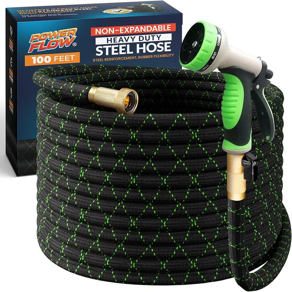 PowerFlow Metal Garden Hose, 100 Ft Non-Expandable Water Hose, Black