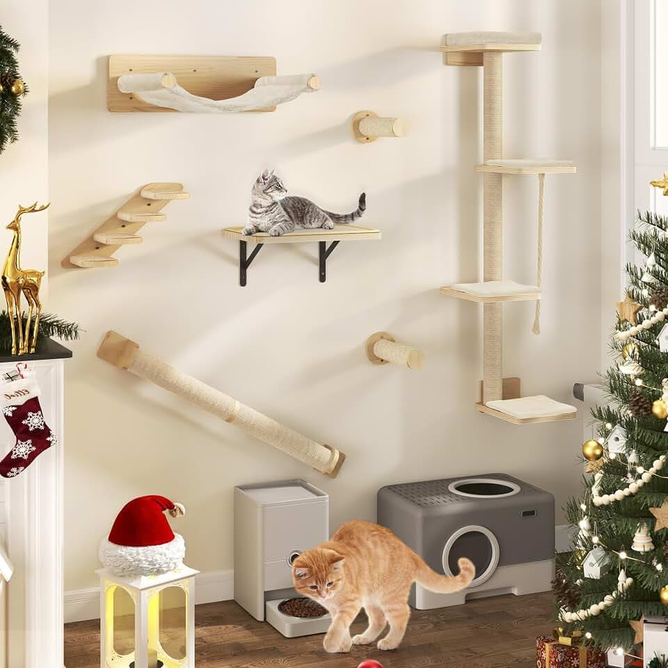 YITAHOME 7PCS Kletterwand Katzen, Katzen-Wandmöbel aus Holz, Katzen-Kletterbaum mit 3 Kratzbäumen/4 Stufen, Katzentreppe/Hängematte/Katzenbett, Katzenbaum zur Wandmontage mit 4 Plattformen