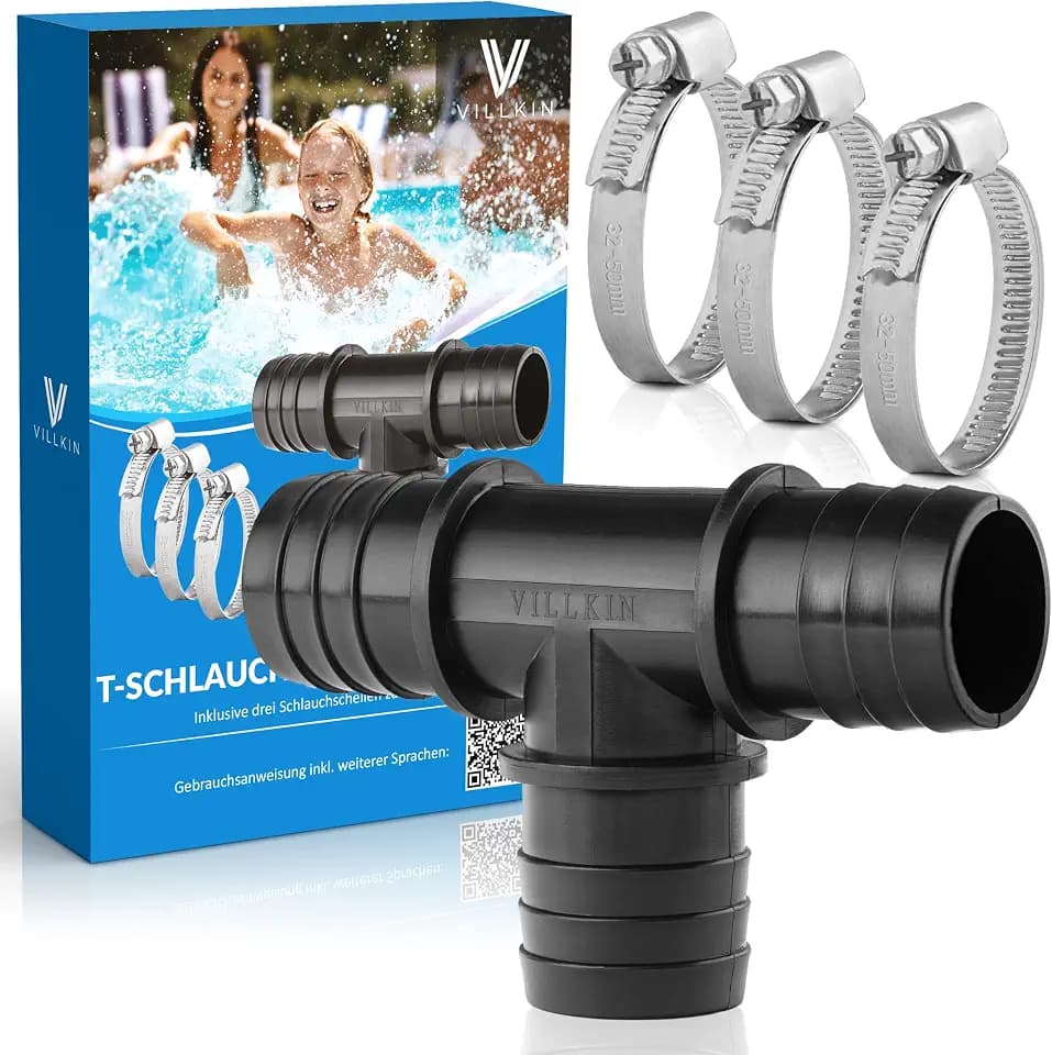 Villkin T-Schlauchverbinder inkl. 3x Schlauchschellen für den Pool - 38mm - T-Stück Schlauchtülle für Poolschläuche schwarz