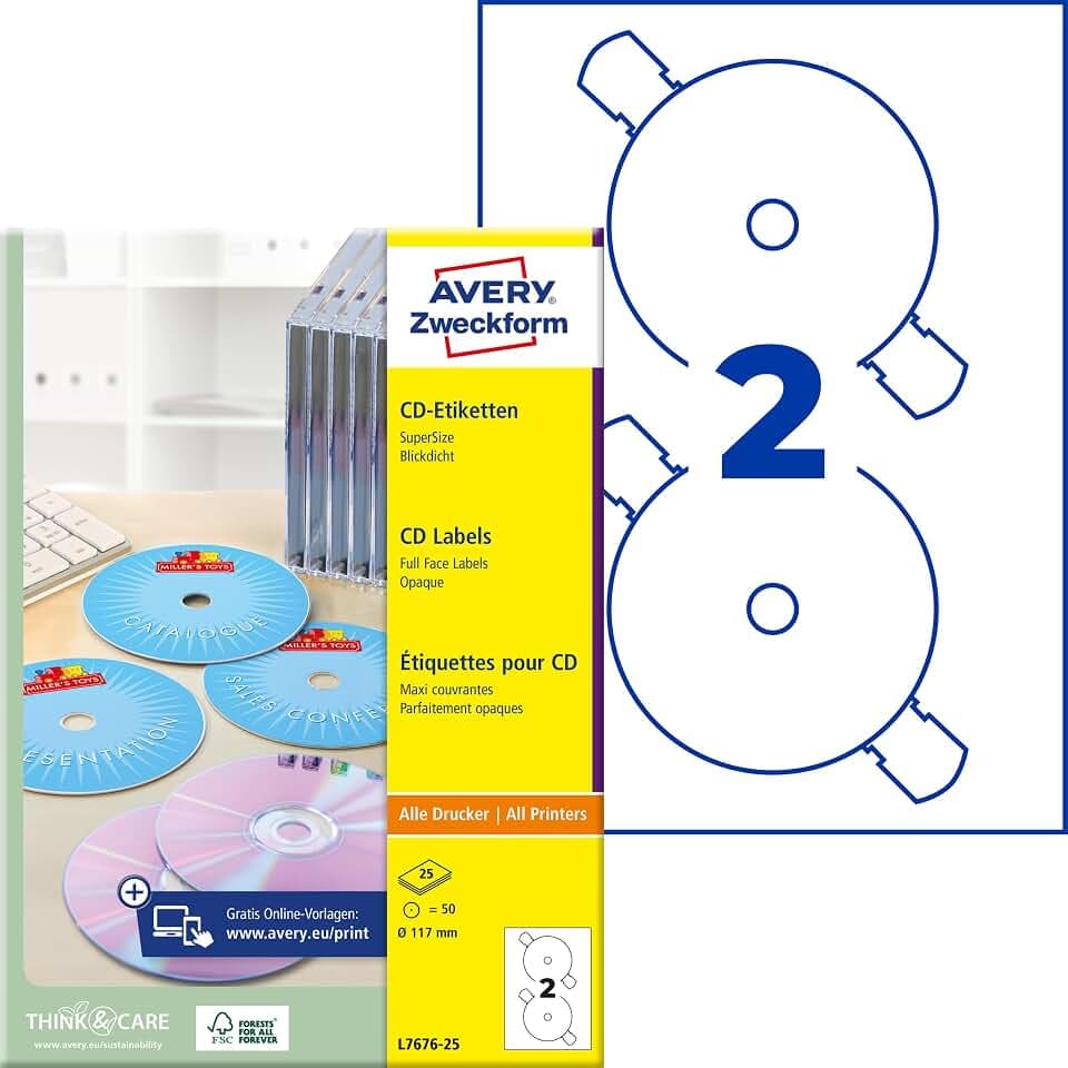 AVERY Zweckform L7676-25 selbstklebende CD-Etiketten (50 blickdichte CD-Aufkleber, Ø 117mm auf A4, SuperSize, Papier matt, bedruckbare Klebeetiketten für alle A4-Drucker) 25 Blatt, weiß, 50 Stück, 117 mm