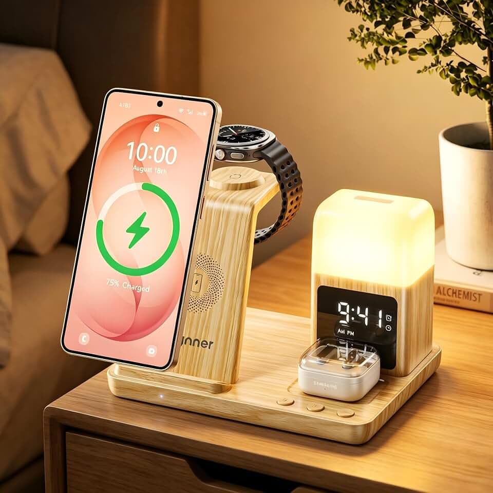 6 in1 Upgradierter Induktive Ladestation für Samsung mit Wecker & 3-Farben-Licht | Wireless Charger Stand 15W Schnellladung für Galaxy S25 S24 Z Fold6 Flip Note Galaxy Watch Ultra/6/5 Pro Galaxy Buds