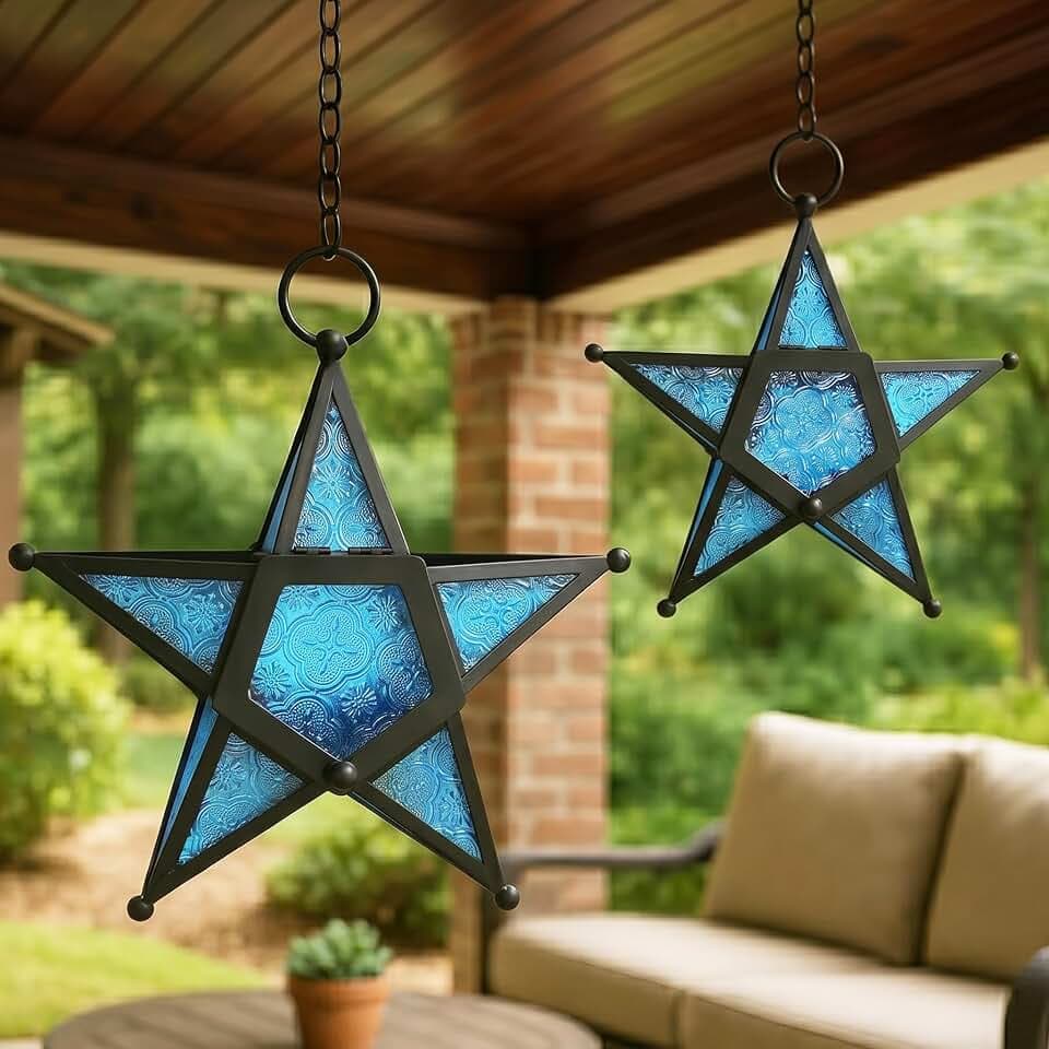 VELA LANTERNS Set of 2 Decorative Hanging Star Candle Lanterns – Moroccan Style Blue Glass & Metal Tealight Holders for Indoor, Outdoor, Patio, and Home Decor