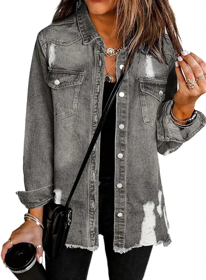Dokotoo Jean Jacket Frayed Washed Button Fall Denim Oversize Casual Fashion Shirts Long Sleeve Boyfriend for Women