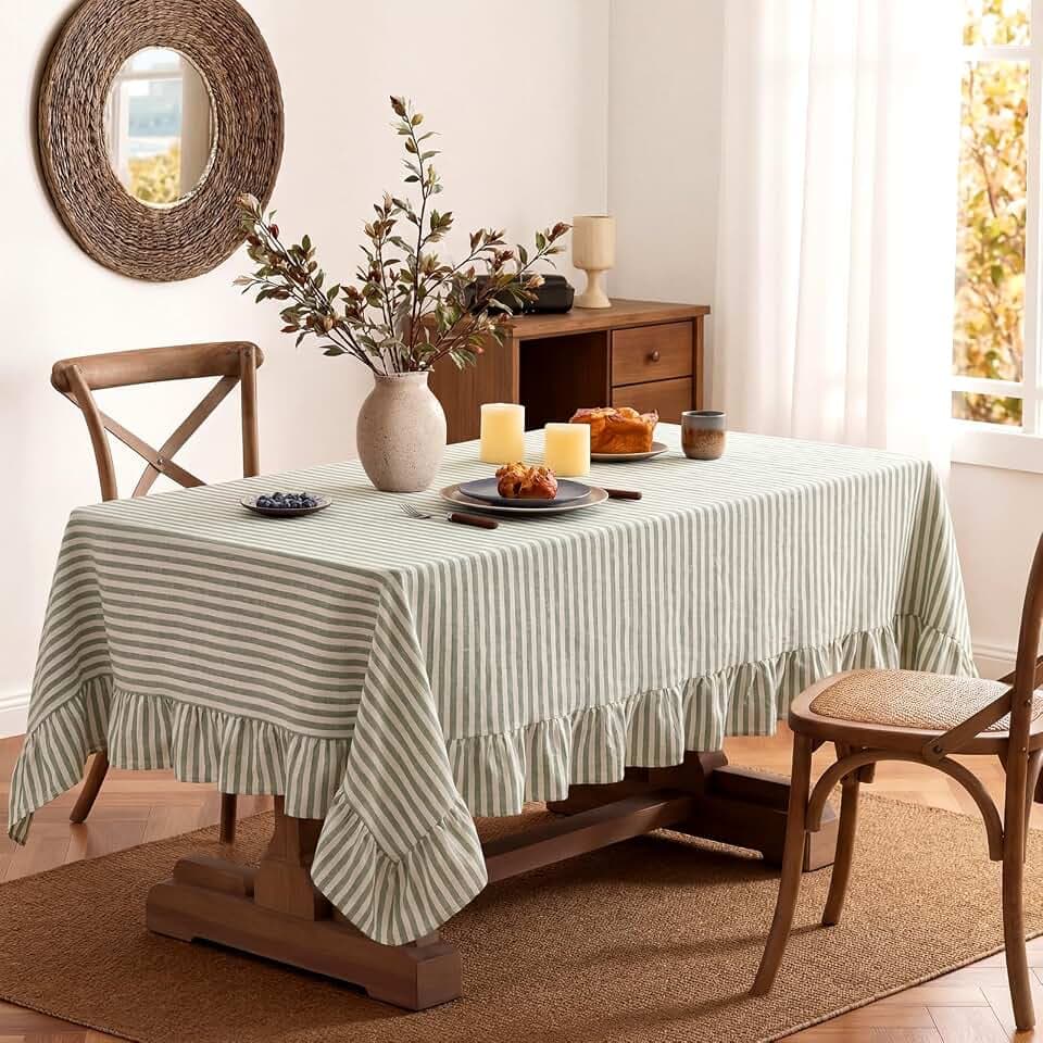 Boao Cotton Striped Tablecloth Rectangle 52" X 70" Sage Green White