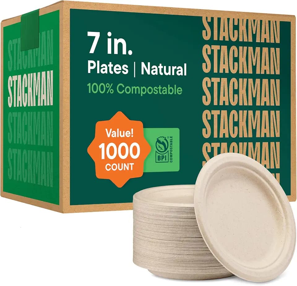 100% Compostable Paper Plates 7 Inch [1000 Count] Heavy-Duty Dessert Plates - Natural Brown Color Unbleached Bagasse - Eco-Friendly Disposable Biodegradable Sugarcane Plates - [Bulk Case 8/125 Pack]