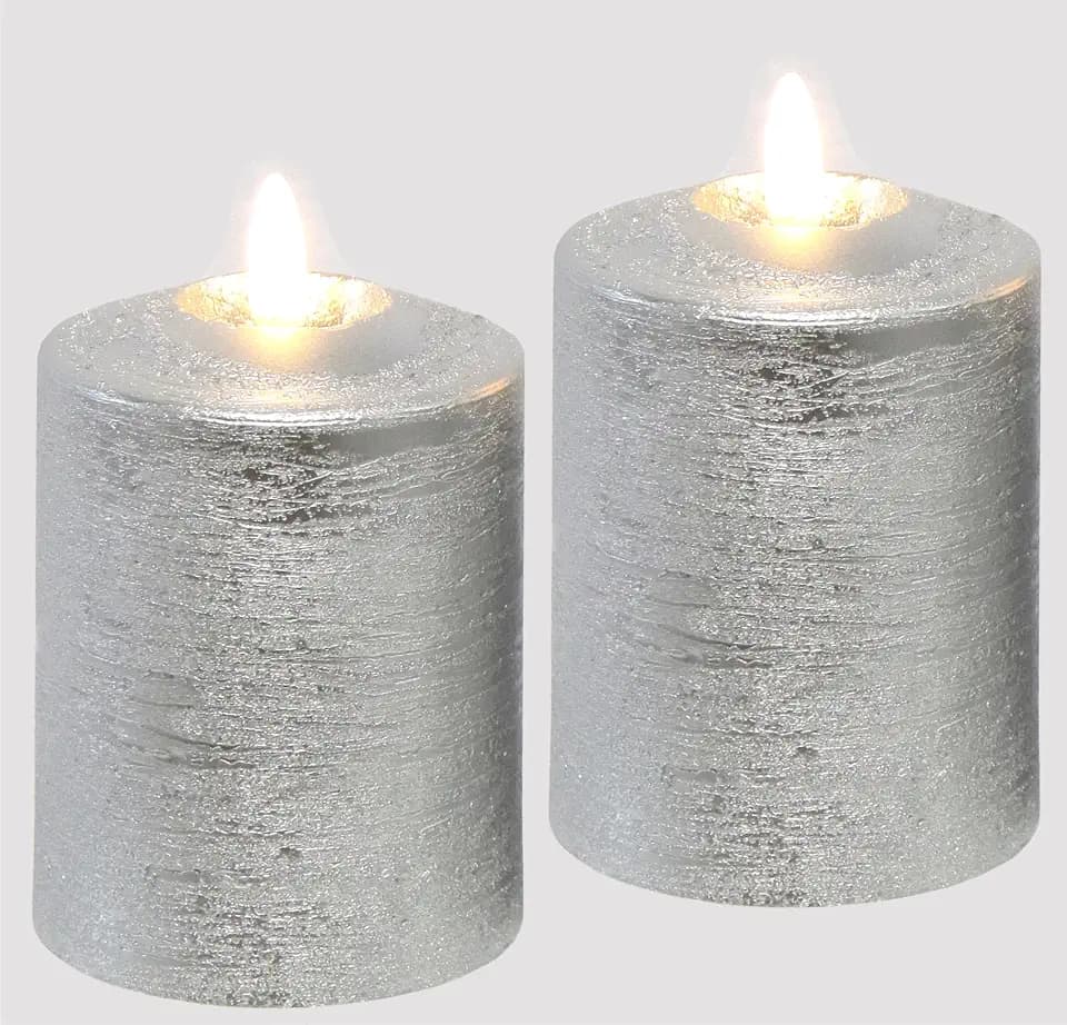 LED Kerzen 2er Set Warmweiß Echtwachs Silber 10x7,5 cm Dekoration Stumpenkerze Adventskranz